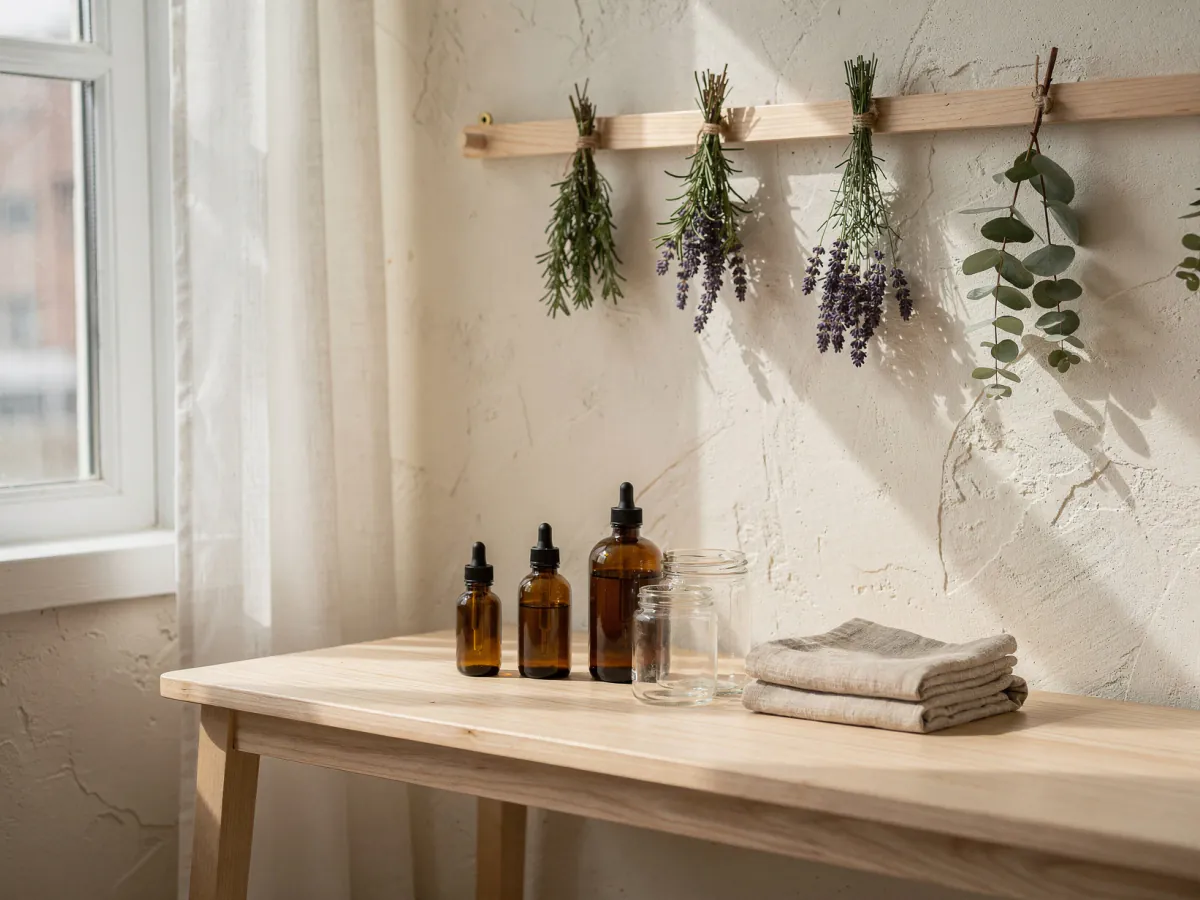 A bright worktable with amber glass bottles, glass jars and folded linen under bunches of drying herbs