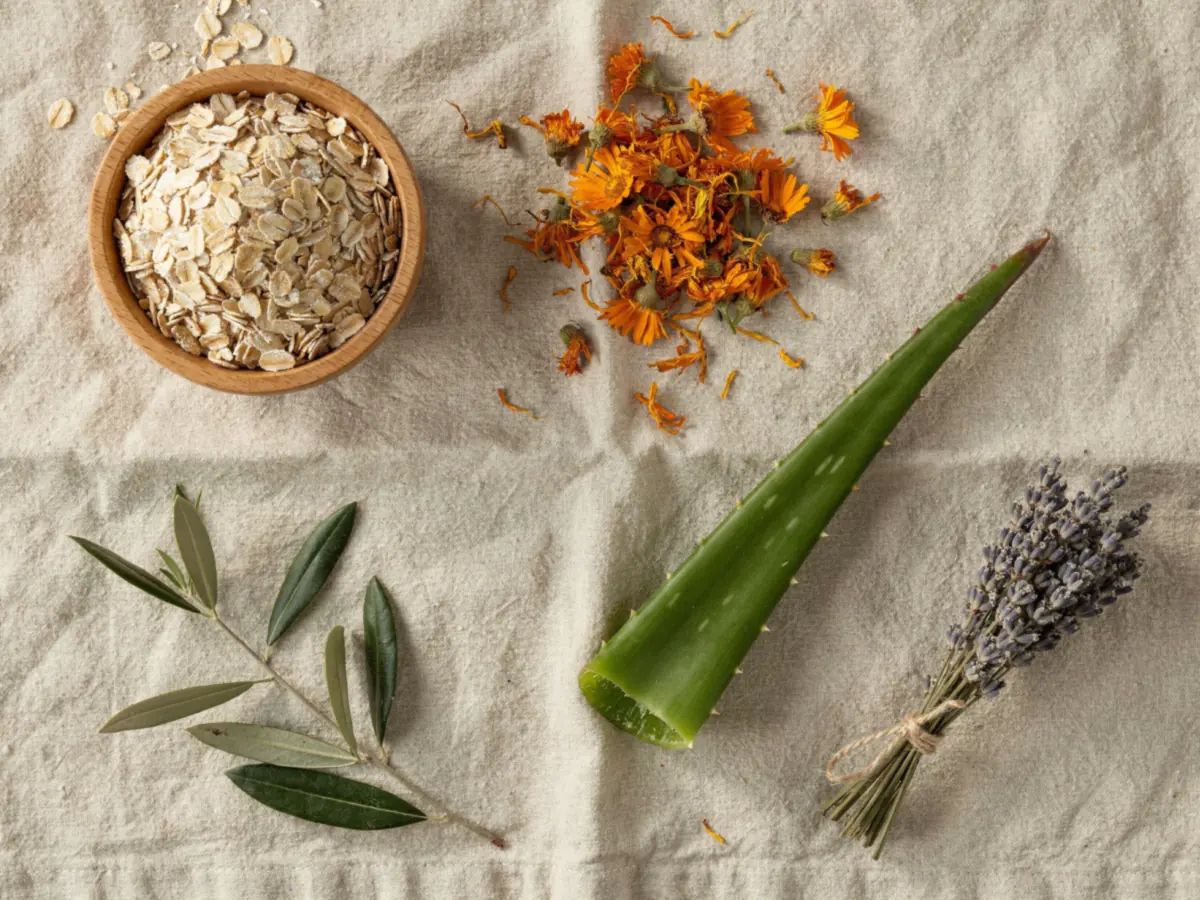 Rolled oats, calendula petals, olive leaves, an aloe leaf and dried lavender laid out on linen